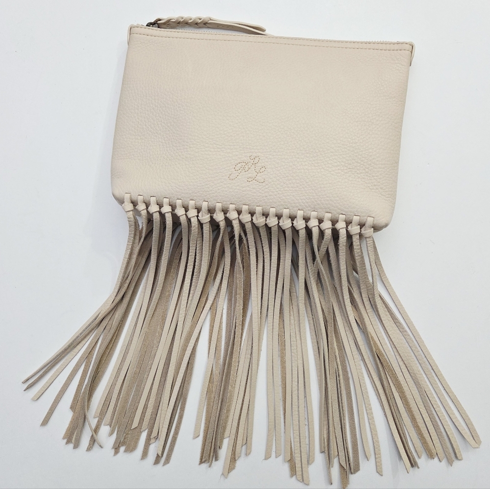 POLO RALPH LAUREN FRINGE ZIP POUCH WRISTLET CLUTCH BAG - CREAM LEATHER
